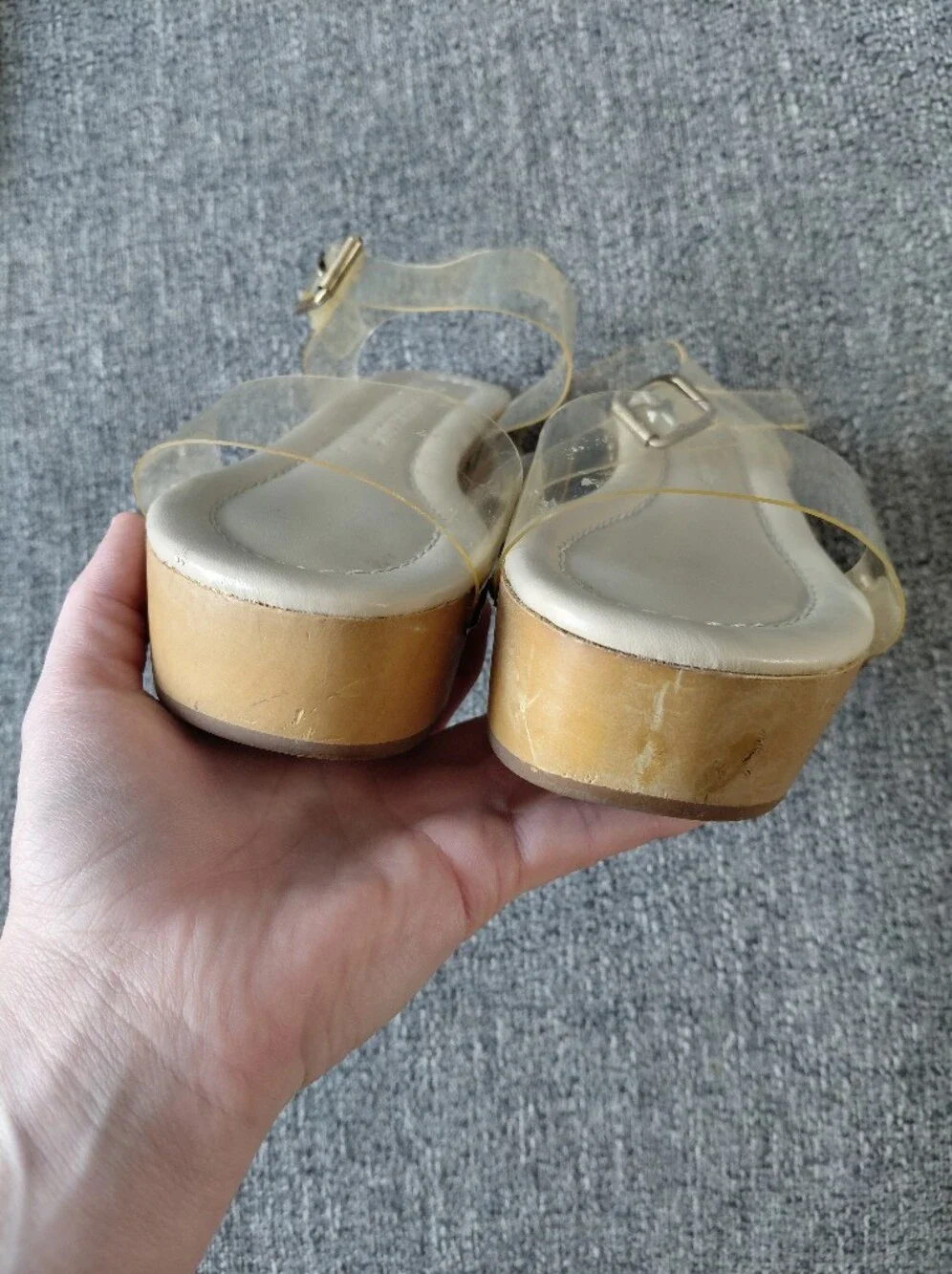 VTG 90's Y2K Chunky Wooden Viynl Strap Platform Wedge Sandals Size 5 Deadstock